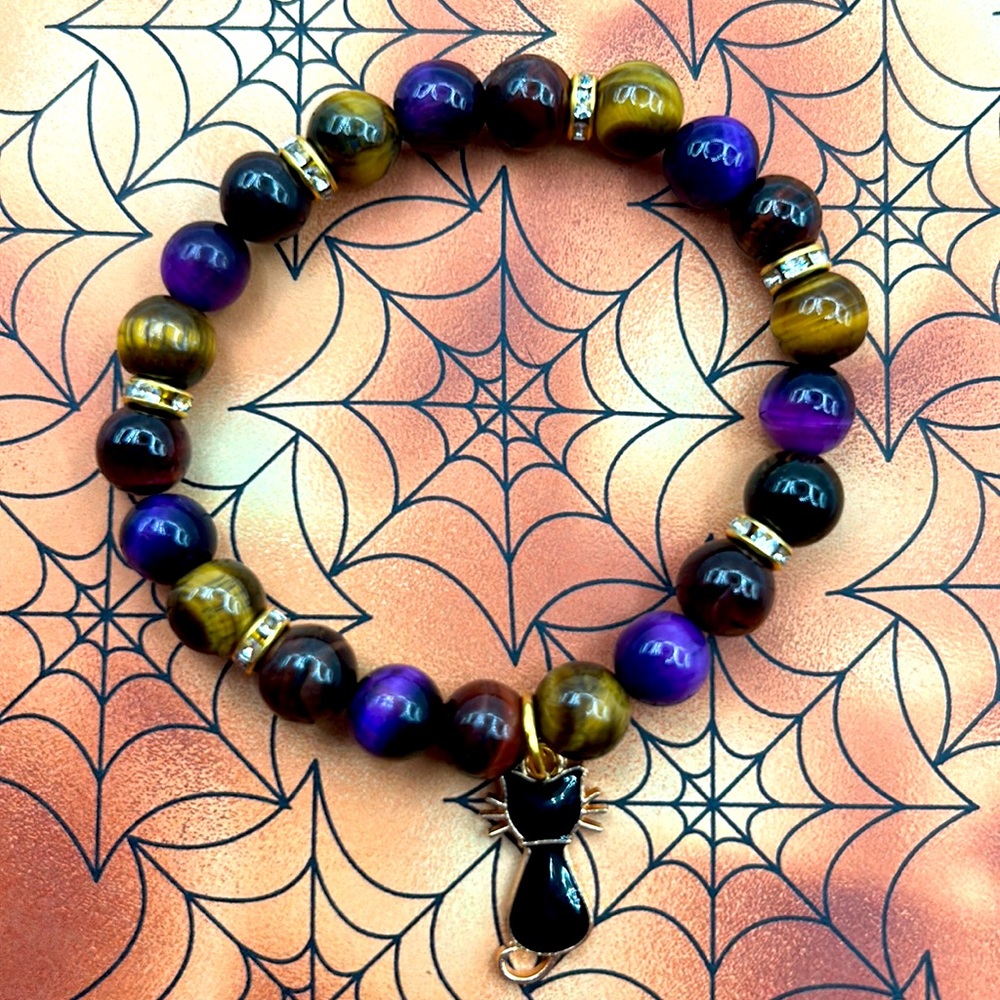 Handmade Halloween Black Cat Charm Bracelet with Natural Tiger Eye Stones!
